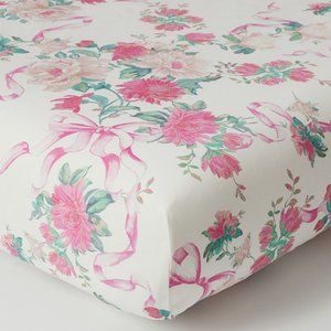 LoveShackFancy Cabbage Rose Bow Organic Crib Fitted Sheet BNWT